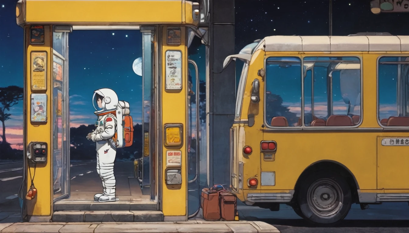 Cute spaceman waiting at moon bus stop, Hayao Miyazaki style, Studio Ghibli style, masterpiece, best quality, very aesthetic, absurdres #Base Model #Anime
