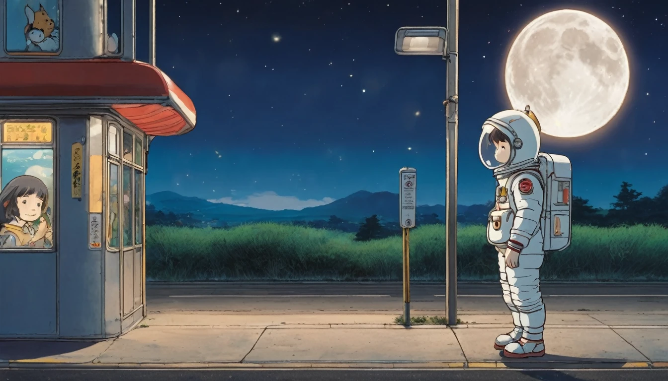 Cute spaceman waiting at moon bus stop, Hayao Miyazaki style, Studio Ghibli style, masterpiece, best quality, very aesthetic, absurdres #Base Model #Anime