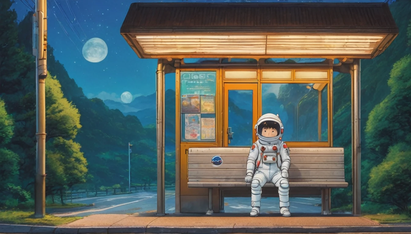 Cute spaceman waiting at moon bus stop, Hayao Miyazaki style, Studio Ghibli style, masterpiece, best quality, very aesthetic, absurdres #Base Model #Anime