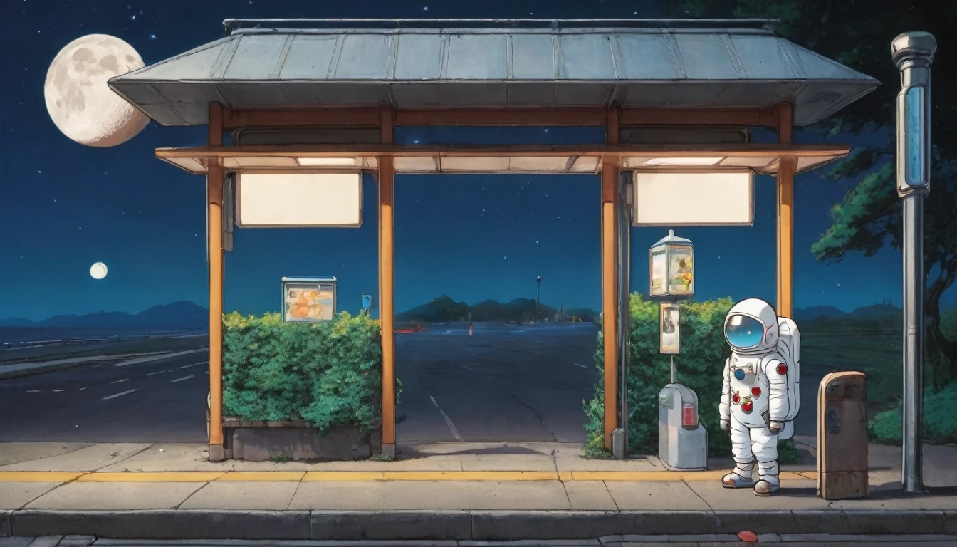 Cute spaceman waiting at moon bus stop, Hayao Miyazaki style, Studio Ghibli style, masterpiece, best quality, very aesthetic, absurdres #Base Model #Anime