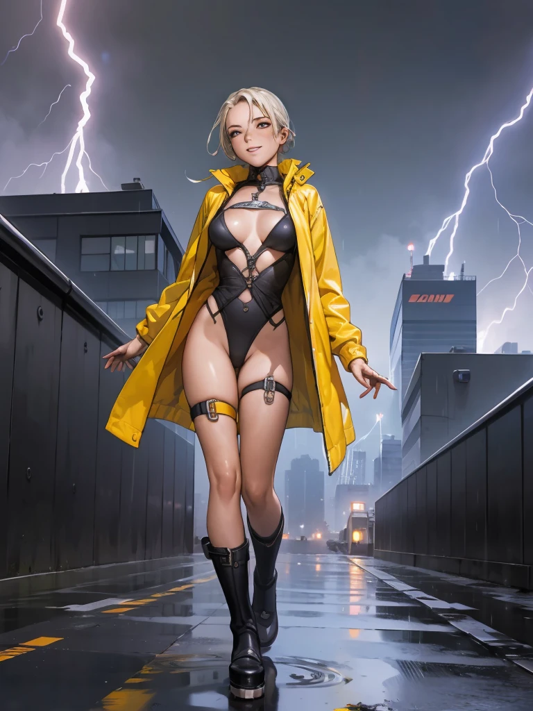 Girl from a shonen manga, strong and determined, smile on the corner of lips, scandalous clothes, futuristic black swimsuit with thin white vertical stripes, high collar, yellow raincoat, all wet, walking on a building roof, lightning cuts the sky on a rainy day, futuristic buildings in the background, (((front view))), Neon panels illuminate your body from behind, perfect fitness body, coxas nuas, long ribbon-garter, high socks and rain boots with platform heels, cena sensual, stunning visual