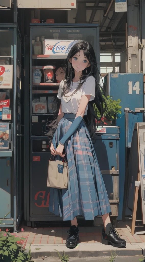 1girl, solo, long hair, breasts, looking at viewer, blush, smile, blue eyes, skirt, shirt, black hair, closed mouth, standing, white shirt, short sleeves, pleated skirt, indoors, plaid, leaning forward, red skirt, plaid skirt, arms behind back, can, locker, shop, vending machine, coca-cola