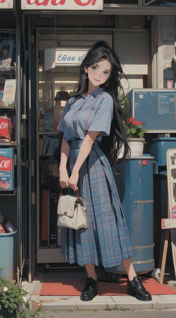 1girl, solo, long hair, breasts, looking at viewer, blush, smile, blue eyes, skirt, shirt, black hair, closed mouth, standing, white shirt, short sleeves, pleated skirt, indoors, plaid, leaning forward, red skirt, plaid skirt, arms behind back, can, locker, shop, vending machine, coca-cola