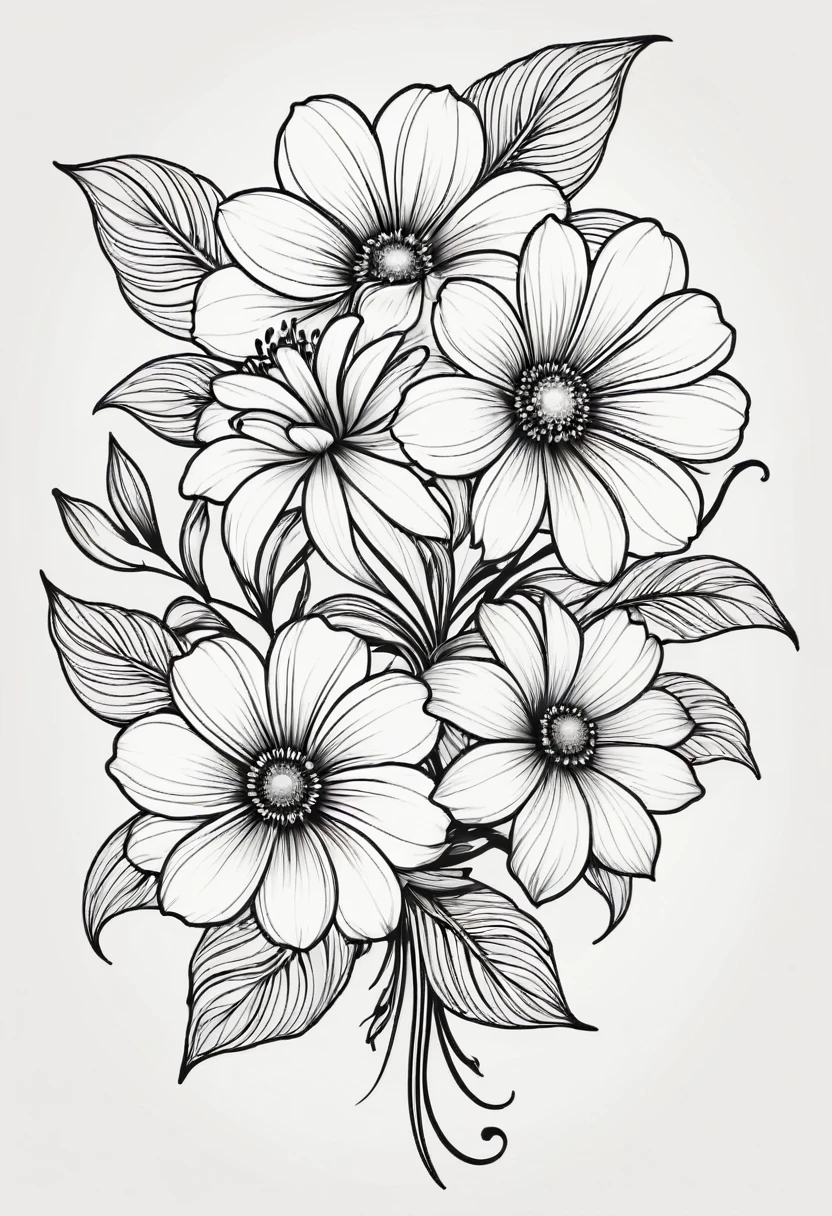 Line drawing of black and white flower tattoo template without background.
