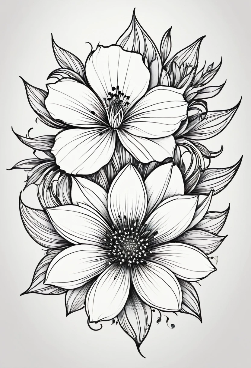 Line drawing of black and white flower tattoo template without background.