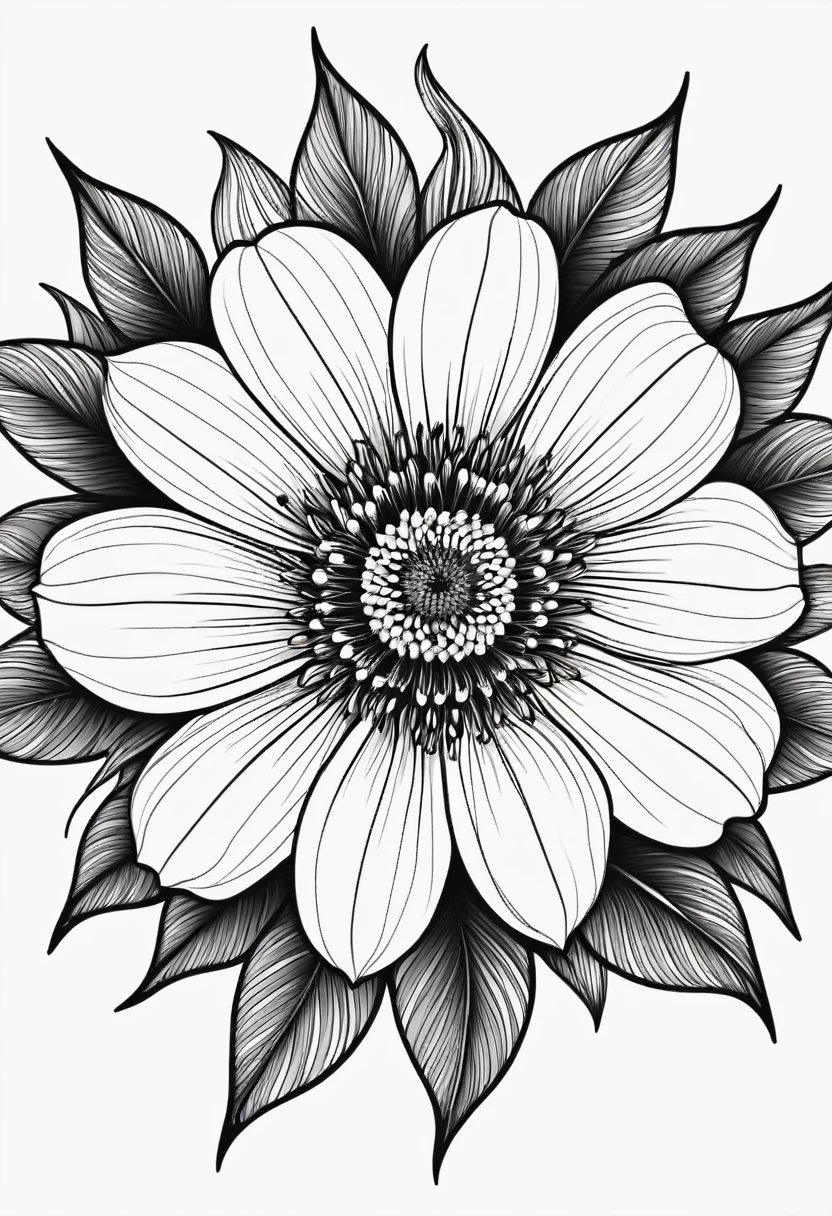 Line drawing of black and white flower tattoo template without background.