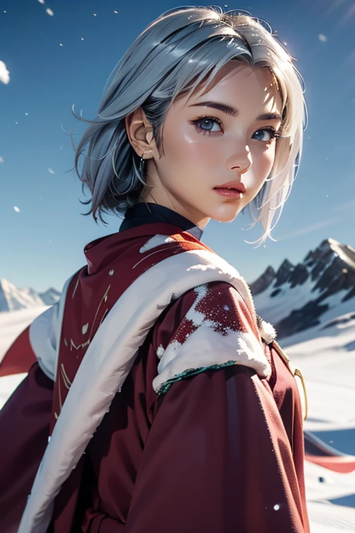 One girl, Summit, Silver hair tousled by the wind, 雪のSummitを映す目, Alpine Costume, Snowstorm all around, With ice crystals, masterpiece, Highest quality, Highlights in ArtStation