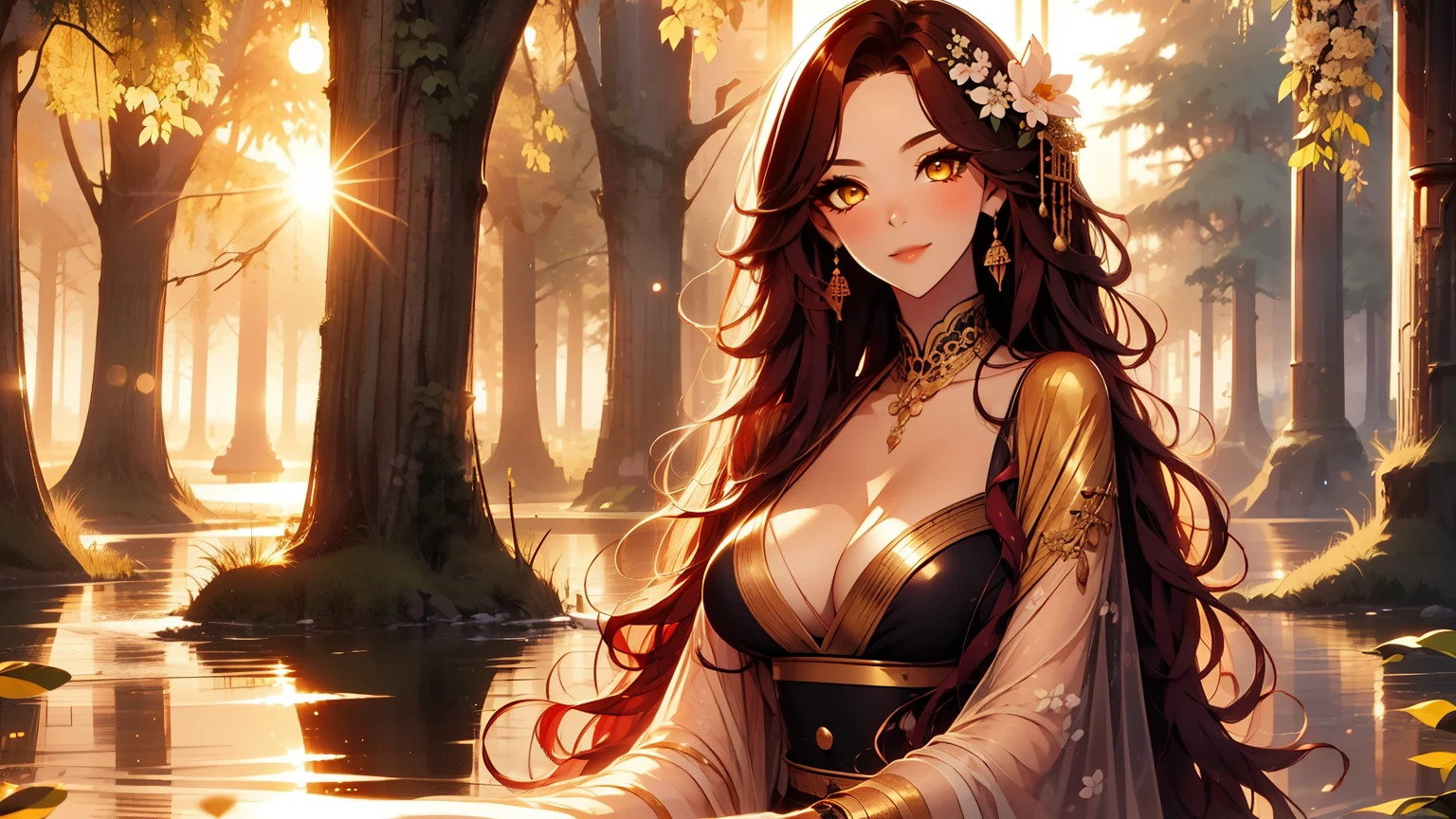 solo , solo girl, 1 girl, perfect anatomy, maximum sharpness, high definition, UHD, beautiful, marika, queen marika, black dress, low neckline, wavy red hair, golden eyes, chest, one piece dress, sexy, sensual, no natural light, night, night, dark night, seductive, smiling, dark forest, moss, luminous flowers, kneeling in the grass, magnolia tree, red magnolia tree,