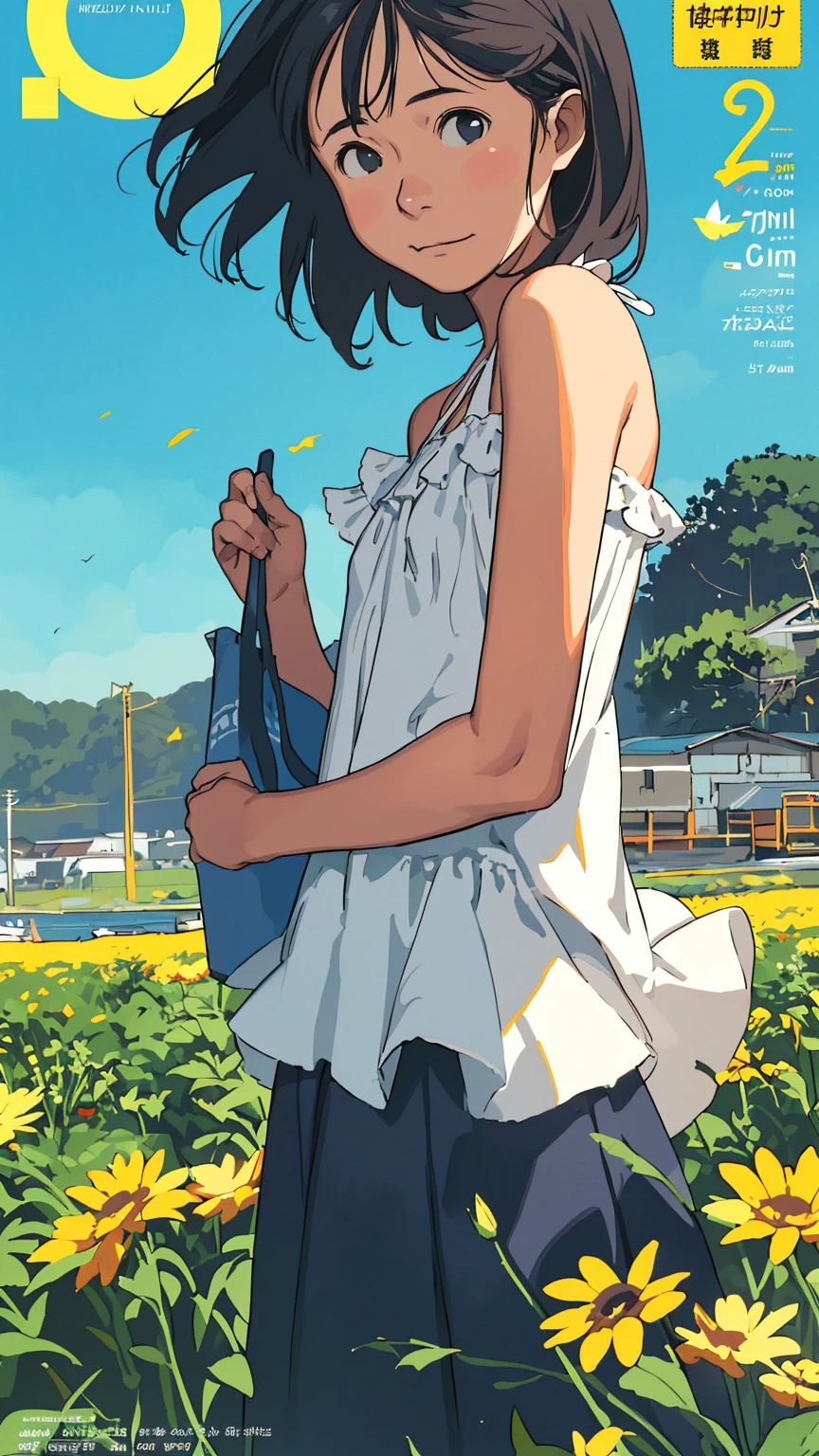 Affordable design, Clear lines, High Sharpness, (Highest quality,8K,Perfect sharpness,Ultra fine,High resolution,masterpiece:1.2), Perfect Anatomy:1.5, Official Art, Illustrations that tell a story, (Whitish background:0. 9）、Body Positivity、多Mr.な身体表現、（Random and energetic poses）、Perfect beauty、Perfect beautiful face、Strong winds、A rich expression、Dynamic composition、smile、Golden ratio composition、colorful、（(Mr.々Different angles and perspectives)）、Anime Art、(Mini dress)、（Overcoming stereotypes）、 Glowing Skin、（Natural beauty）、smile、Bangs、（Soft and flowing hair）、（countryside）、（Nostalgic atmosphere）、Put it up to your thighs、（Playful and carefree）、（多Mr.な民族のキャラクター）、（innocent attitude）、（Sunny atmosphere）、(The skirt flutters wildly in the wind)、（Bright colors）、Beautiful Eyes、(Embarrassing)、Braided Hair、Summer Scene、Smiling among flowers、Fashion magazine cover、Side angle、