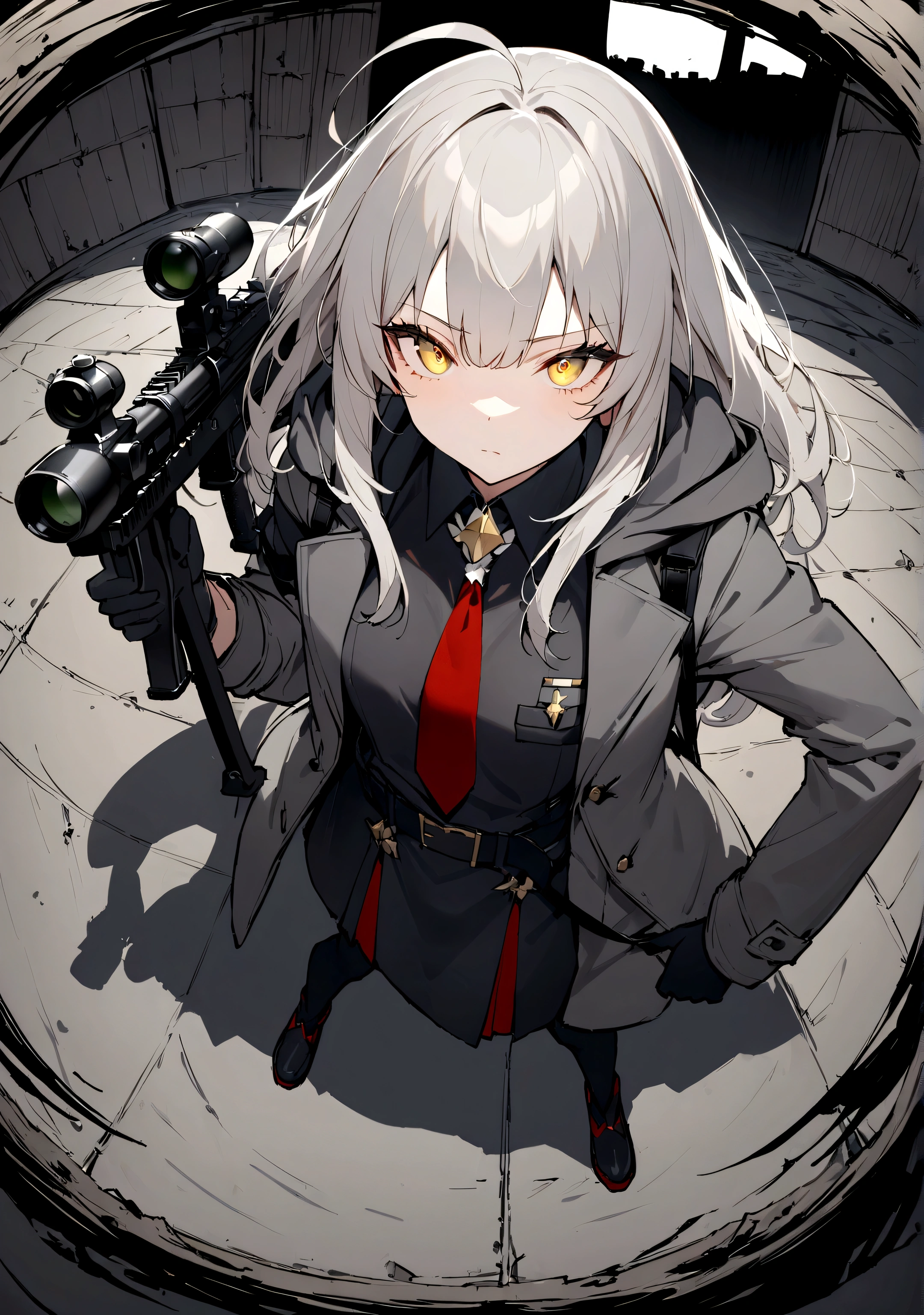 Gun on shoulder、(masterpiece, best quality:1.2), 1girl, solo,Black military uniform、Looking through the scope、Point your gun at us、Grey long hair、Ahoge、Yellow Eyes、Ready your gun?、sniper rifle、Background of military bases、Fisheye Lens、battlefield、Shadows of light and darkness、Expressionless、Grim face、battle、A black hoodie over a grey trench coat、