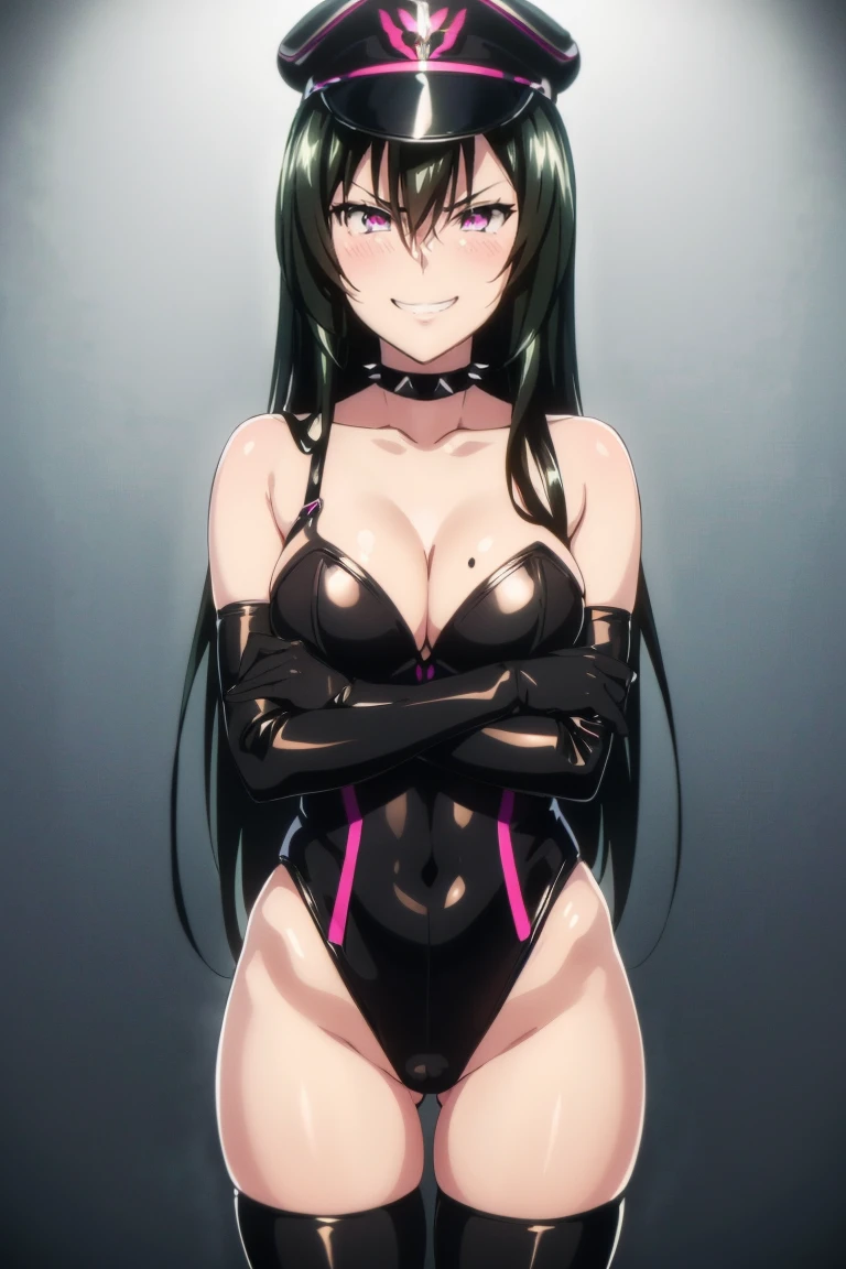 (((grinning lasciviously))), seductive anime girl, (((nefarious smirk))), [[[[grinning evily]]]], beautiful, masterpiece, ultra detailed, extremely detailed, ultra high res, 8k, beautiful detailed face, anime screencap, heart shaped face woman, (black hair:1.2), long hair, hair between eyes, large breasts, fearless face, sharp face, 170cm tall, (((adult))), perfect proportion, (((black high-leg leotard))), (((dare shoulder))), cleavage, (((thigh boots))), (((spiked choker))), (((military cap))), anime style, ultra detailed beautiful face and eyes, front view, raw photo, incredibly absurdres, Beautiful portrait of cute anime girls, super fine illustration, full-hd, hdr, best aesthetic, distinct, exquisite, masterwork, by famous artist, highers, (((perfect anatomy))), mocking, (((rape face))), (((evil grin))), intense eyes, sadistic, gleaming skin, oil skin, slut face, (((full-face blush))), smirking, mischievous grin, furrowed mouth, both legs, pouty lips, downturned corners, rosy hue, grin widely, cheeky smirk, (((bad-tempered glare))), gloating, crazy smile, scary face, cruel smile, fang, connected teeth,, (((elbow gloves))), (((big connected teeth)), glare, grimace, smirk, (((scowling face))), smile broadly, symmetrical eyes, even eyes, perfect eyes, (((squinting eyes))), deep detailed eyes, shiny clothes, 1girl, solo, smug, smile grimly, (((dimpled smile))), (((pink eyes))), (((standing, looking at viewer))), (((laugh))), (((pleasure face))), (((brutality face))), (((scary face))), (((empty eyes))), anime best girl, [[[[grinning evily]]]], anime moe artstyle, collarbone, dare collarbone, fair skin, deep detailed eyes, extremely detailed beautiful face and eyes, perfect teeth, perfect mouth, adult face, clear eyes, perfect face, light eyes, symmetrical eyes, even eyes, ,groin, mole under eye, perfect body, accurate face parts, harness bondage, crossed arms, black clothes, black wear, 

