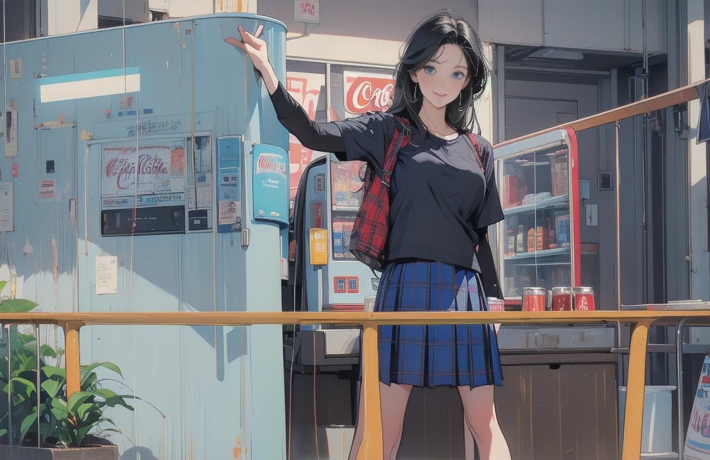 1girl, solo, long hair, breasts, looking at viewer, blush, smile, blue eyes, skirt, shirt, black hair, closed mouth, standing, white shirt, short sleeves, pleated skirt, indoors, plaid, leaning forward, red skirt, plaid skirt, arms behind back, can, locker, shop, vending machine, coca-cola