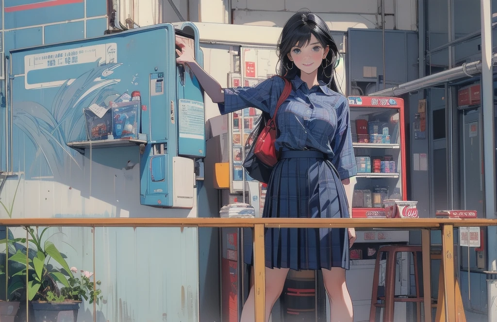 1girl, solo, long hair, breasts, looking at viewer, blush, smile, blue eyes, skirt, shirt, black hair, closed mouth, standing, white shirt, short sleeves, pleated skirt, indoors, plaid, leaning forward, red skirt, plaid skirt, arms behind back, can, locker, shop, vending machine, coca-cola