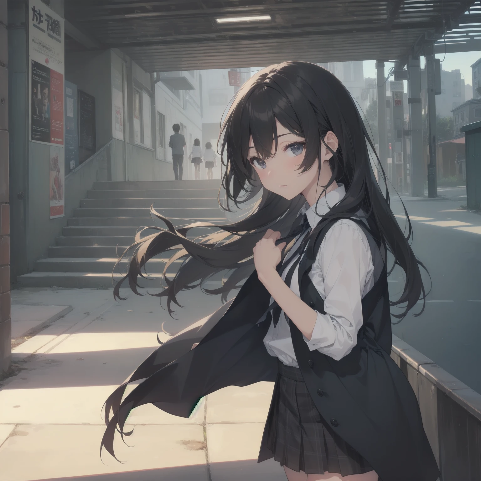 ultra-absurdres-Top quality by artist God, ultra-detailed, high resolution, anime moe artstyle, best anime 8k konachan wallpaper, pixiv contest winner, pool:2810, perfect anatomy,break, 1girl, (Please draw a girl walking sleepily to school alone. )break,(Solo,little female, 13-year-old:1.3),Full limbs, complete fingers,a junior high school student, (very short hair), short cut, flat chest, , small butt, small black eyes, beautiful detailed eyes, well-proportioned iris and pupils, expressive eyes, highres detailed hair, soft expression, school_uniform, collared shirt, pleated skirt,(Detailed Lighting), (Detailed background), in the School commute route. break,super detailed skin, Best cinematic lighting powered by famous artist, 8k,beauty illustration,photoshop_(medium),very aesthetic,break,((artist:tomose_shunsaku )), artist:clamp ,artist:carnelian ,artist:kantoku ,
