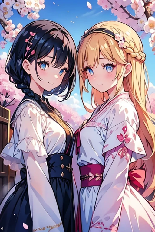 Ri Sakurai, Hair between the eyes, long hair,(Small Breasts:1.2), Smile,Cherry Blossom Hair Accessories,Short braided hair,Snowflakes scattered,
Break the viewer&#39;s line of sight, 
Rest outdoors, best quality, high resolution, Unity 8k Wallpaper, (number:0.8), (Delicate and beautiful eyes:1.6), The face is rich in detail, Perfect lighting, Very detailed CG, (Perfect hands, Perfect anatomical structure),Two girls，Double，Black hair，blonde