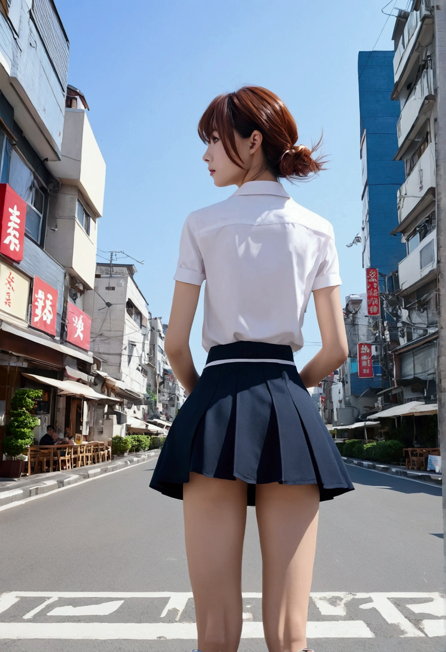 (robot:1.2), masterpiece, Highest quality, detailed, 1peopleの女の子, hair, View your viewers, (superior:1.4), (mini skirt:1.3), city, people々, Put your arms behind your back, Clear sky, Home, street, Cafe