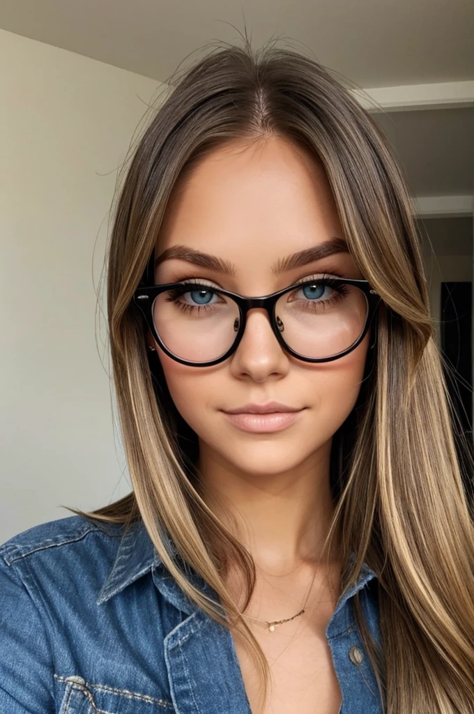 girl, dark blonde hair, loose hair, light eyes with glasses 