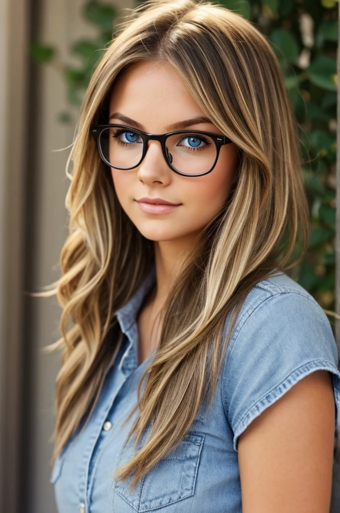girl, dark blonde hair, loose hair, light eyes with glasses