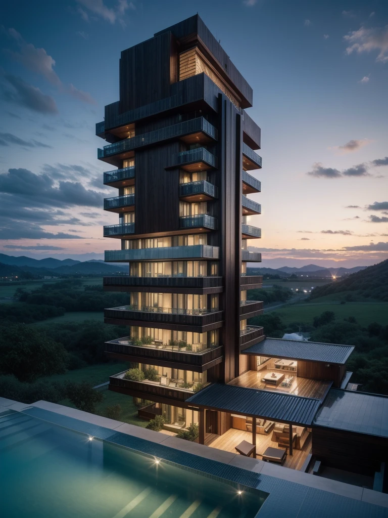 Zaha Hadid style hotel tower with wood and metal texture, hotel with infinity pool, rural landscape at dusk in high quality, 8k UHD