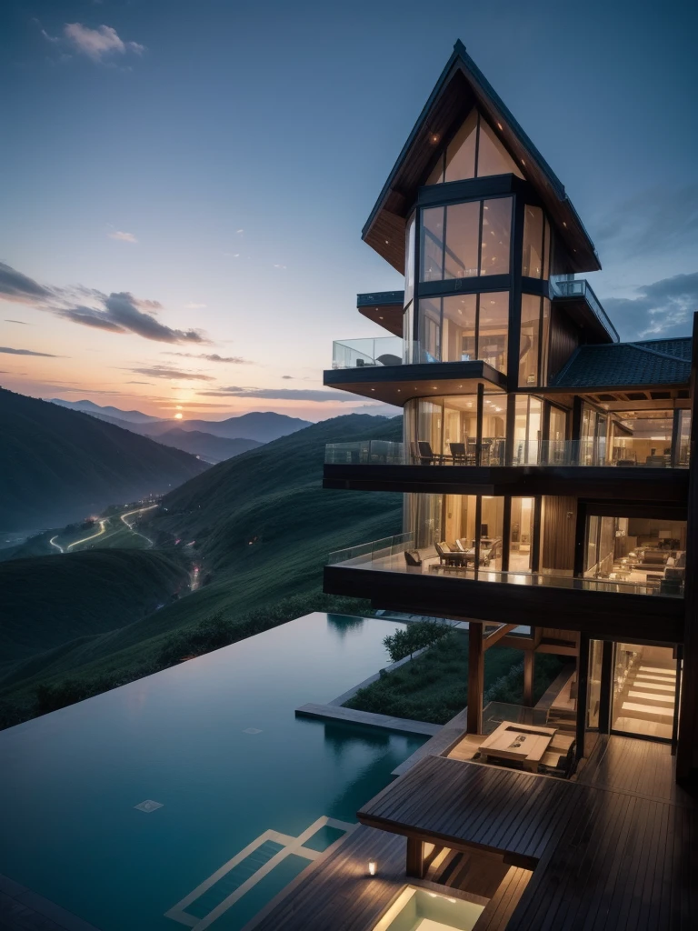 Zaha Hadid style hotel tower with wood and metal texture, hotel with infinity pool, rural landscape at dusk in high quality, 8k UHD