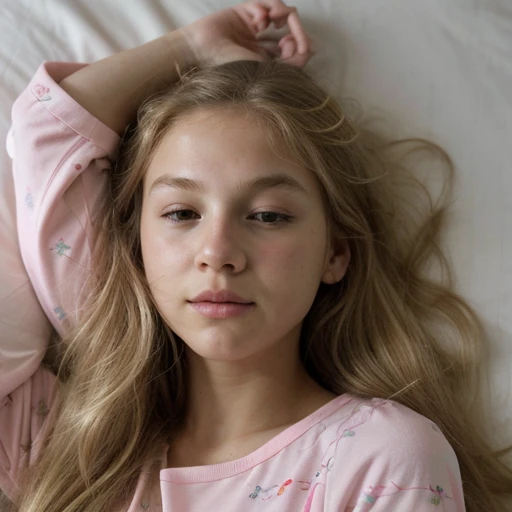 A blonde long hair 12 year old boy lying in bed