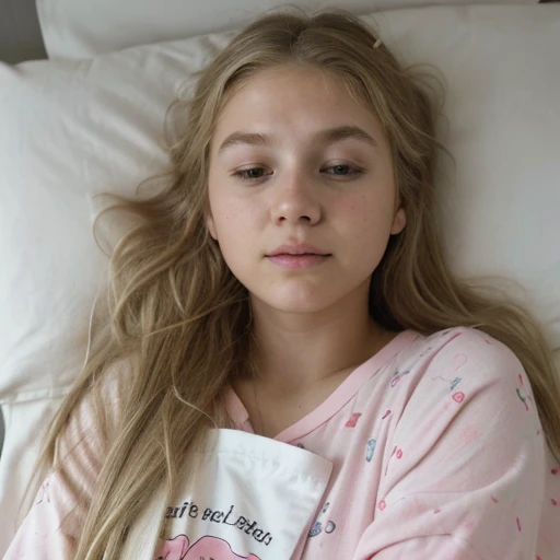high quality,detail, American girl, Long blonde hair, Brown eyes,sleeping soundly in a private hospital bed in Houston,wearing pink pajamas,sick and with an oxygen mask and serum on her arm, Natural and authentic,lighting and shadow