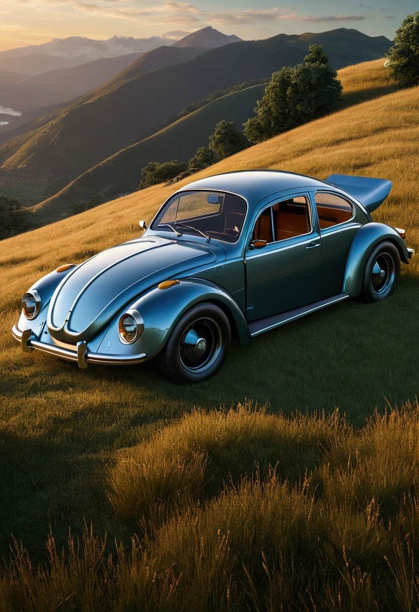 a crossover between a 2024 racing hypercar and a 1970s VW Beetle,parked on a grassy mountain top at dawn,extremely detailed,photorealistic,cinematic lighting,dramatic angle,intricate details,high quality,hyperrealistic,masterpiece
