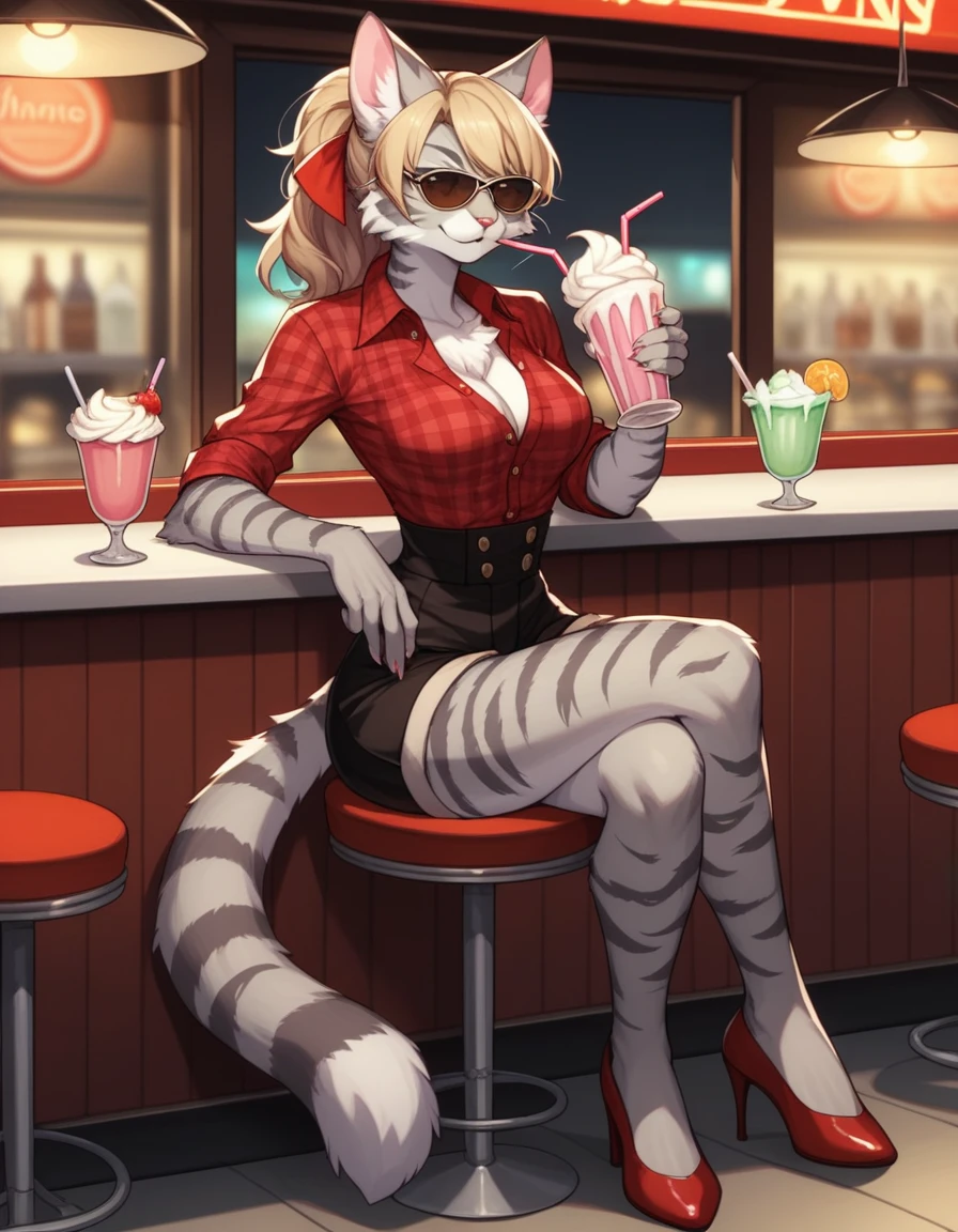 score_9,score_8_up,score_7_up, kemono style, Kat, Anthro furry feline, silver fur, grey stripes on body, aviator sunglasses covering eyes. short wavy blonde hair, red bandana tied to head, pink nose, :3, wearing red plaid tied collared shirt, black waist shorts with buttons, outdoors, in front of a 1940s diner, full body shot, red pumps heels, seductive pose, sitting on a stool, drinking a milkshake, legs crossed,