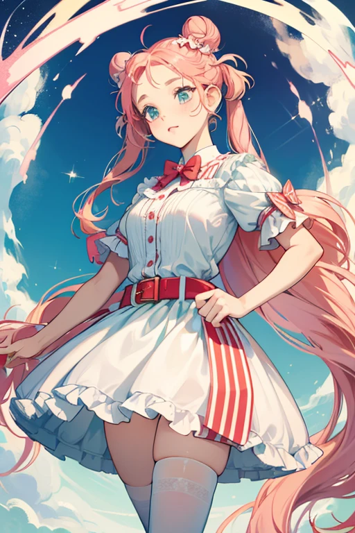 Mint E. Stripes is a fair-skinned girl with the usual black button eyes and peachy-pink cheeks that blend in well with her skin. She has white and red swirled hair worn in double buns held with sky blue bows with tiny white pieces that make her hair look like wrapped candies. Her bangs are curvy on the sides with one big dip centered in the middle of her forehead with a big swirl.

Mint E.'s outfit is a pure white dress with a very long red belt that wraps around her entire body. She wears white frilly socks with red fancily styled T strap flats. Underneath her socks are sky blue and white swirling stockings. SPARKLE; GLITTER