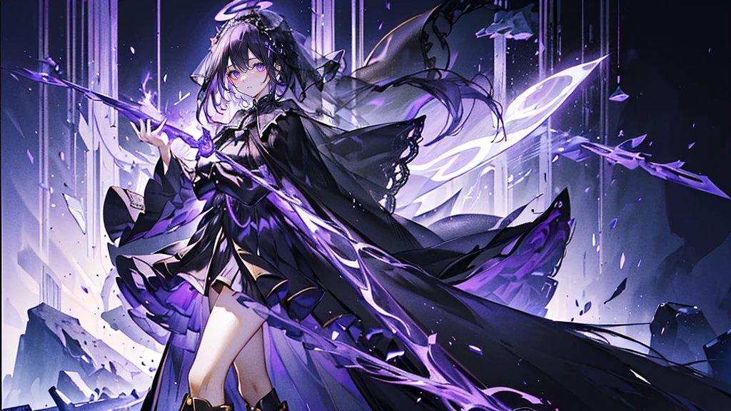 (Super detailed)),((illustration)),((masterpiece)),(((need))),((fine、Highest quality CG Unity 8K wallpapers,masterpiece),((4K,masterpiece,best quality)),Black hair queen,Waist-length hair,Royal sister,Sexy,Tall figure,Lilac eyes,Standing upright in a coffin,Mature,Hair Bunch,Hair tied on both sides,Black and gold gauze robe,Black and purple French vintage clothing,Gorgeous pure black cape,Black veil,Purple-white halo,Black purple boots,Wearing a crown on the head,Holding a knight's sword,pyramid,Emitting dim purple light,Brilliant palace,The deep sea is filled with coffins,Mysterious symbols,individual,Full body picture