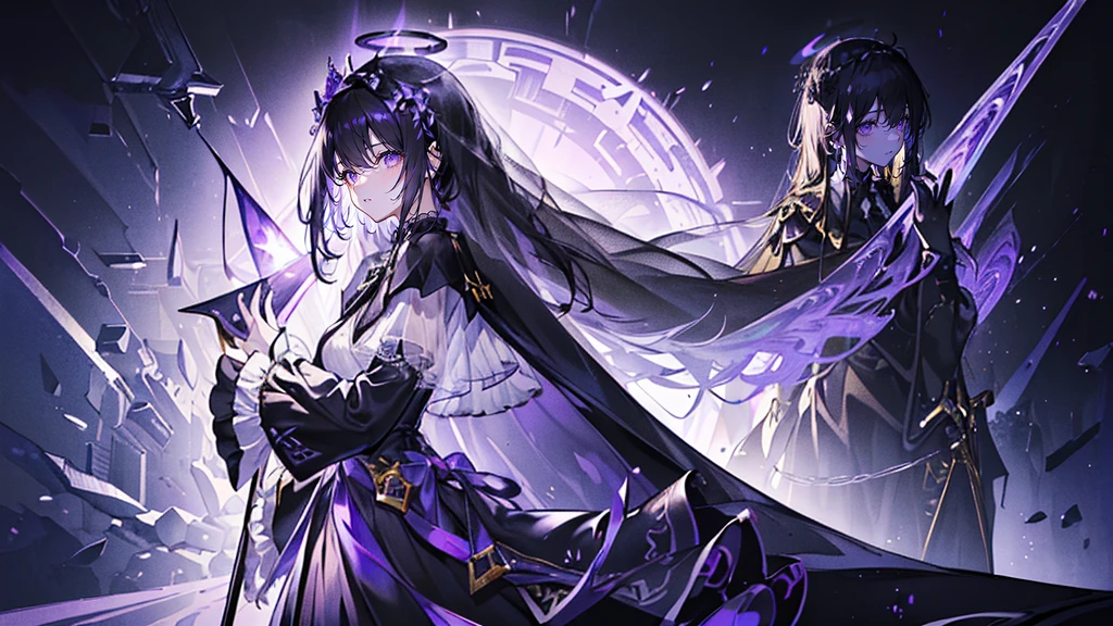 (Super detailed)),((illustration))，((masterpiece)),(((need))),((fine、Highest quality CG Unity 8K wallpapers，masterpiece），（（4K，masterpiece，best quality）），Black hair queen，Waist-length hair，Royal sister，Sexy，Tall figure，Lilac eyes，Standing upright in a coffin，Mature，Hair Bunch，Hair tied on both sides，Black and gold gauze robe，Black and purple French vintage clothing，Gorgeous pure black cape，Black veil，Purple-white halo，Black purple boots，Wearing a crown on the head，Holding a knight&#39;s sword，pyramid，Emitting dim purple light，Brilliant palace，The deep sea is filled with coffins，Mysterious symbols,individual，Full body picture