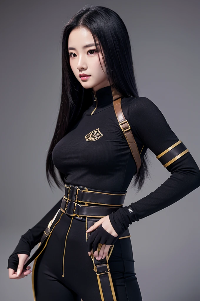 Create a realistic image of Zhu Zhuqing from "Soul Land" at . She should have long, straight, and shiny black hair, typically worn loose. Her eyes are a distinctive amber gold, large and expressive, with a penetrating gaze. She has clear, fair skin, and a tall, slender, and athletic build. She is very beautiful and voluptuous. Zhu Zhuqing is wearing her characteristic dark combat attire. This outfit consists of a tight-fitting, practical ensemble designed for agility and dexterity, primarily in black or dark purple. The material should appear lightweight yet durable, with multiple belts and straps to secure her gear and weapons. Ensure the attire accentuates her figure while maintaining a sleek and stealthy appearance suitable for combat. Include a black or dark purple headband or ribbon to keep her hair in place. The setting can be a dark, shadowy environment to match her stealthy nature, with subtle lighting to highlight her features and attire. Capture her reserved and determined personality through her expression and posture, reflecting her strength, agility, and inner resolve.