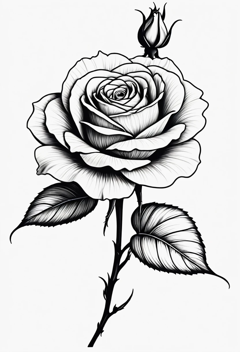 Line drawing of black and white rose tattoo template without background.