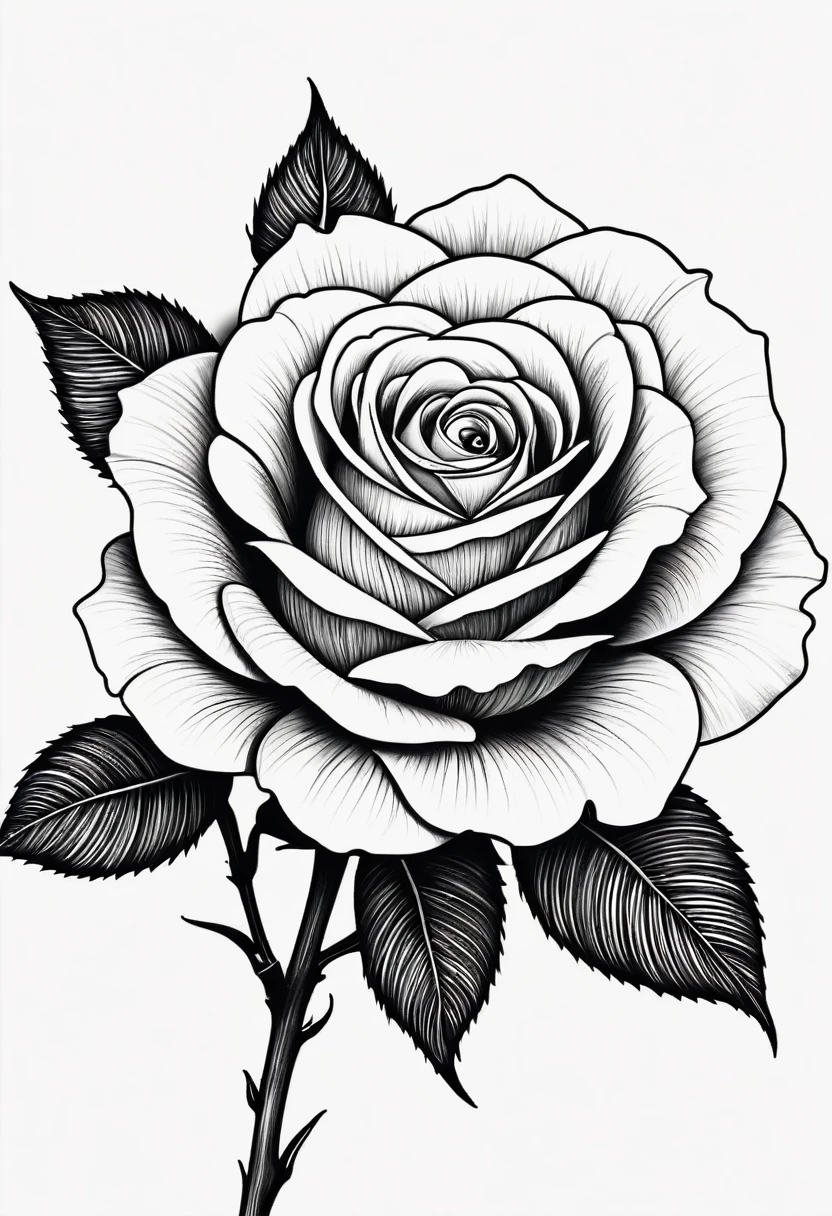 Line drawing of black and white rose tattoo template without background.