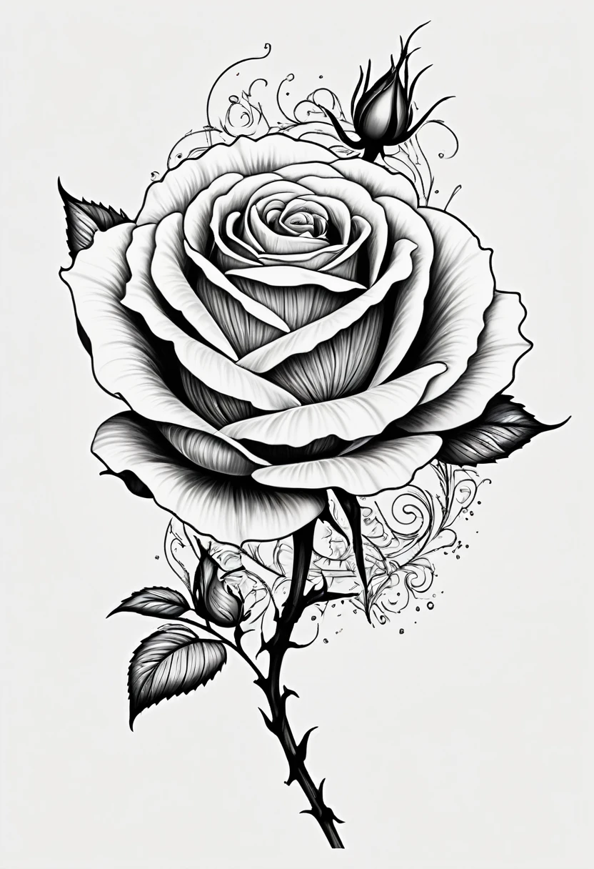 Line drawing of black and white rose tattoo template without background.