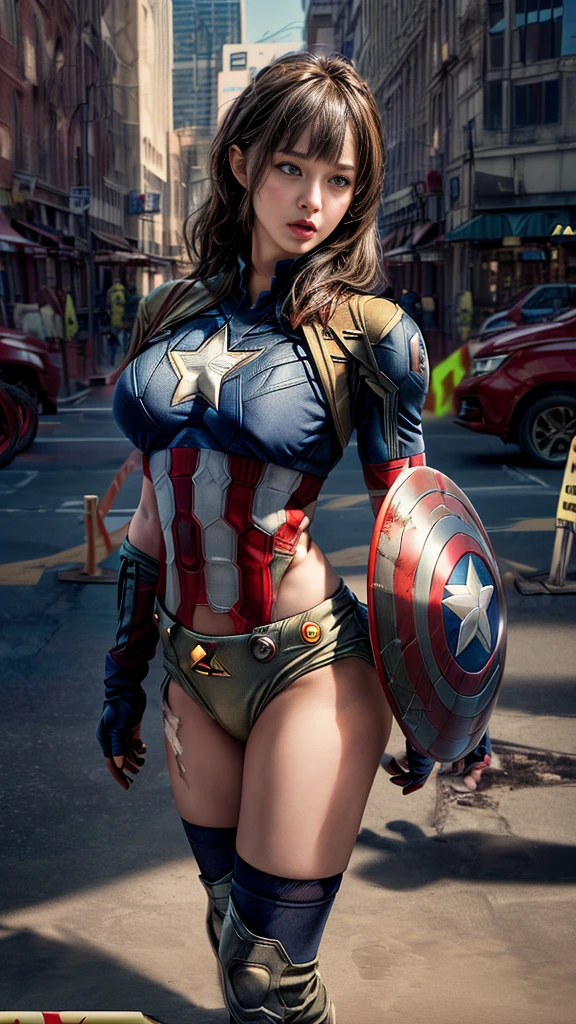 (Browsing Caution:1.7)、((Cowboy Shot))、Mature Woman、(masterpiece, Highest quality), Intricate details, 8K, 1 Girl,((Blunt bangs))、Black Hair,((captain america suit)),Skyscraper, city, building,street,((Delicate painting))，(Detailed RAW photos of girls),(Highest quality:1.6), (Ultra-high resolution:1.5), (Realistic:1.75), 8K resolution,Very detailed,Cinema Lighting、(((Super big breasts:1.2)))、Spread your legs、((The abdomen is visible))、((another々Suit))、((Captain America Knee High Socks))、Sexy pose、((Captain America Bikini Style))、(((A ripped and tattered suit:1.2)))、((After the battle))