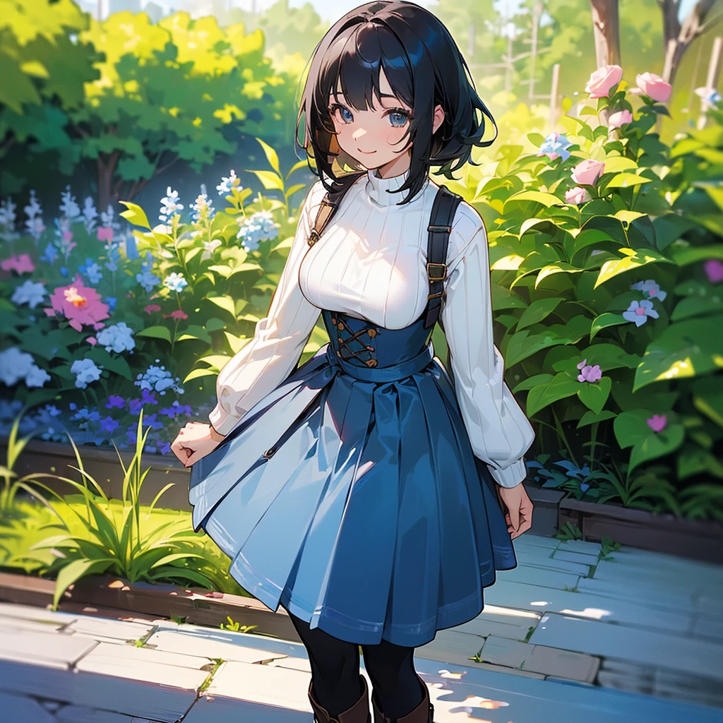 (high quality, High resolution, Very detailed, reality:1.37), Peaceful atmosphere, (Outdoor, garden), age girl standing alone, (my breasts are big.), Beautiful details, Cute Smile, (Black bob hair), Ribbed sweater, Blue Skirt, Black tights, Brown boots.