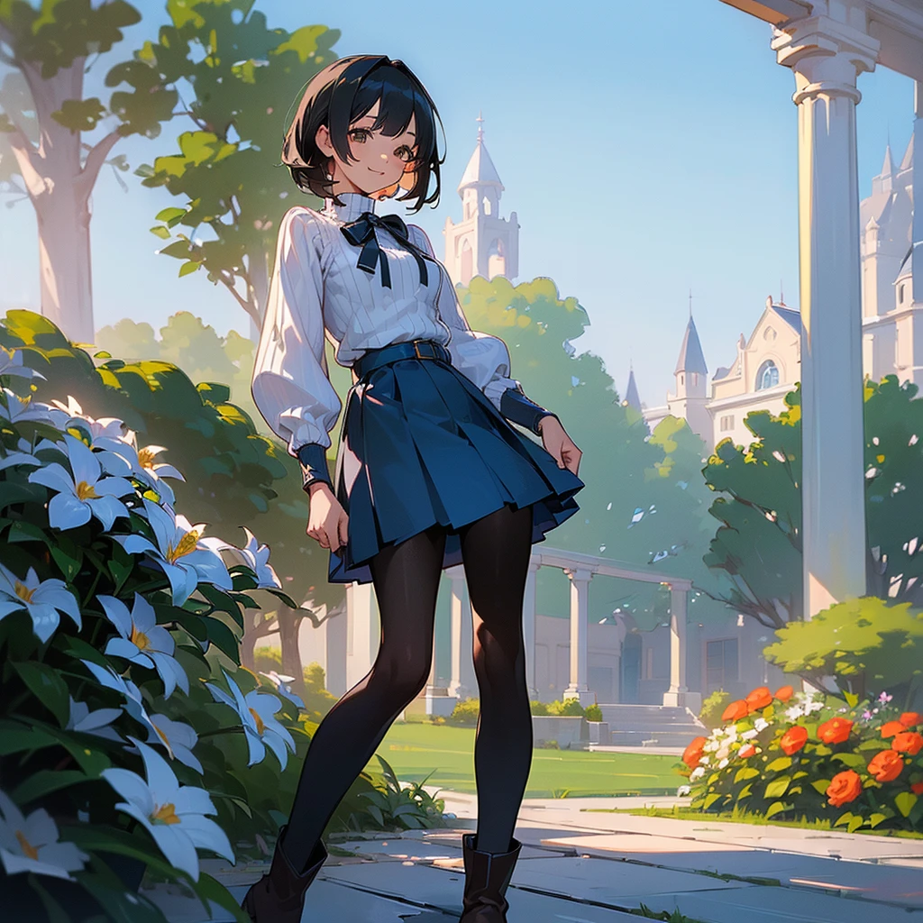 (high quality, High resolution, Very detailed, reality:1.37), Peaceful atmosphere, (Outdoor, garden), age girl standing alone, (my breasts are big.), Beautiful details, Cute Smile, (Black bob hair), Ribbed sweater, Blue Skirt, Black tights, Brown boots.