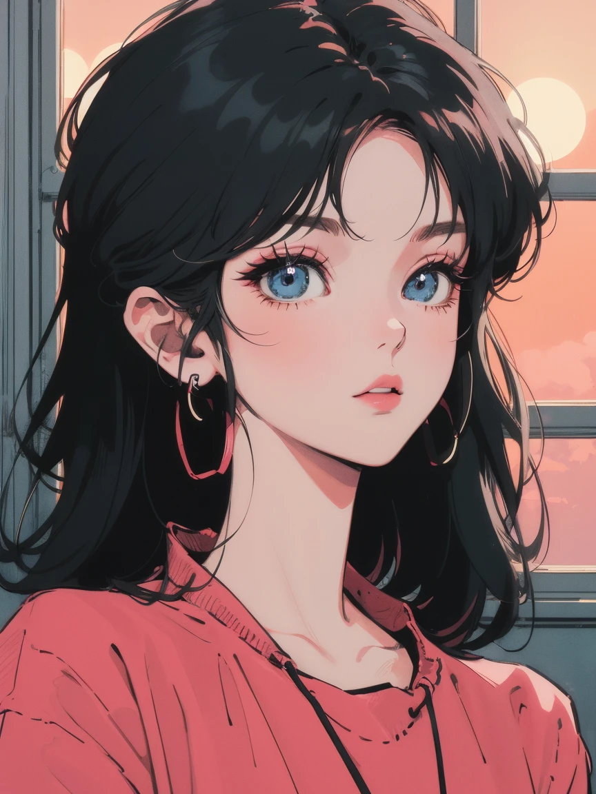 anime aesthetic, anime vibes, Lofi Artstyle, Lo-fi portrait by the window, Watching the sunset. anime, Lofty Girl, anime art wallpaper 4 k, anime art wallpaper 4k, anime art wallpaper 8 k, anime background art, Lofi Color, Lofi Art, anime asthetic, The background is a simple room wallpaper, The whole body is visible, Inorganic walls