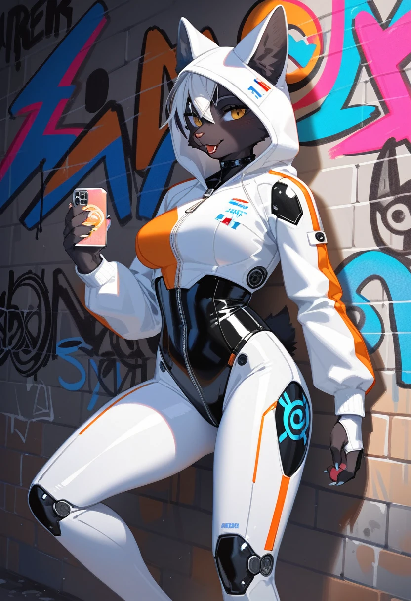 animation, Highest quality, Highest quality, High quality illustrations, masterpiece, Ultra-high resolution, Detailed Background, Alley, Graffiti art on the wall, Absurd, Perfect Anatomy, performance, Good lighting, Shadows in the movies(kemono, Furry PersonifiCation), Cat, Black Skin, White Rubber Suit, latex, neon, neonライト, neonカラー, Bodysuits, Cyber Suit, Mech Suit, Rubber Hoodie, cyber punk