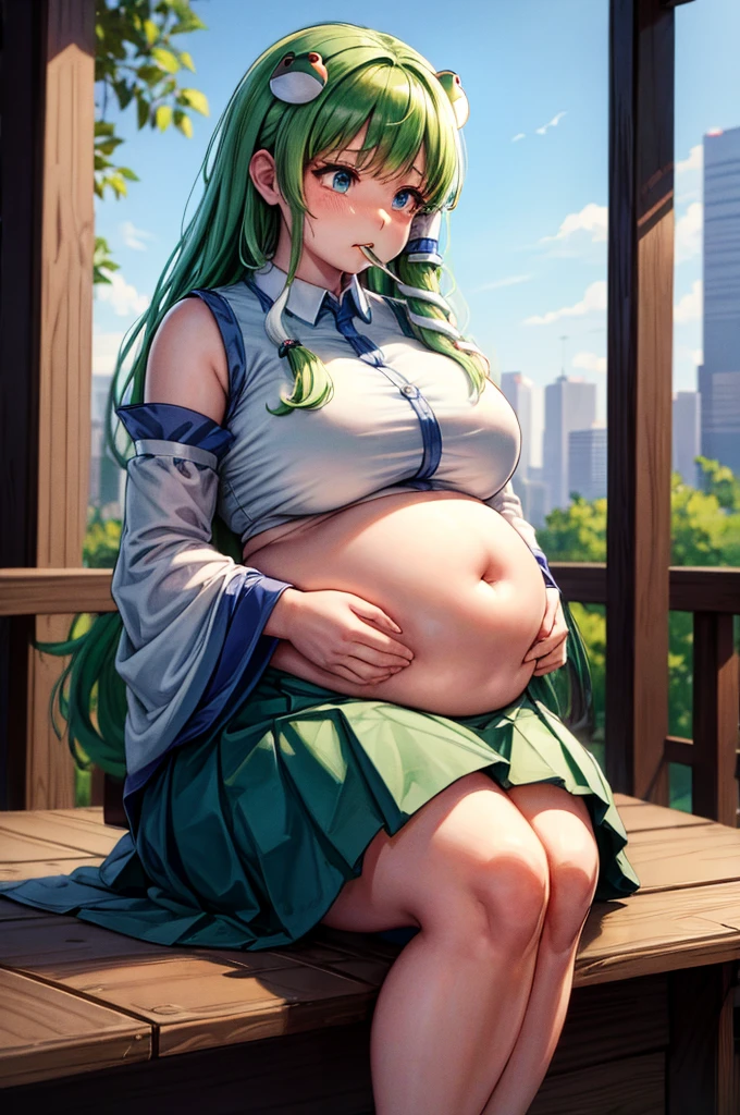 (masterpiece, best quality, highres, absurdres), 1girl, big belly, chubby arms, thick thighs, art by kipteitei, kochiya sanae, hair tubes, frog hair ornament, snake hair ornament, shirt, long sleeves, wide sleeves, blue skirt, embarrassed, big, looking down, poking belly, flushed, sitting on the floor, huge, eating