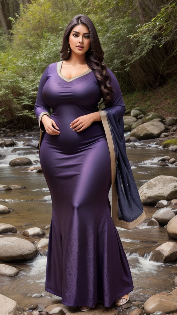 a hyper-realistic full body view photo of a young curvy plus size beautiful indian woman wearing Subtle Jacquard Dupatta with Kurta Ensemble standing in Crystal Creek Crossing, m-cup breasts, curvy plus size hourglass body, 22 years old, realistic, sexy,short brown hair, curved, masterpiece