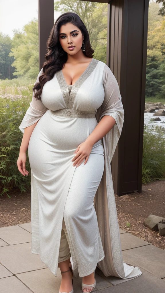 a hyper-realistic full body view photo of a young curvy plus size beautiful indian woman wearing Subtle Jacquard Dupatta with Kurta Ensemble standing in Crystal Creek Crossing, m-cup breasts, curvy plus size hourglass body, 22 years old, realistic, sexy,short brown hair, curved, masterpiece