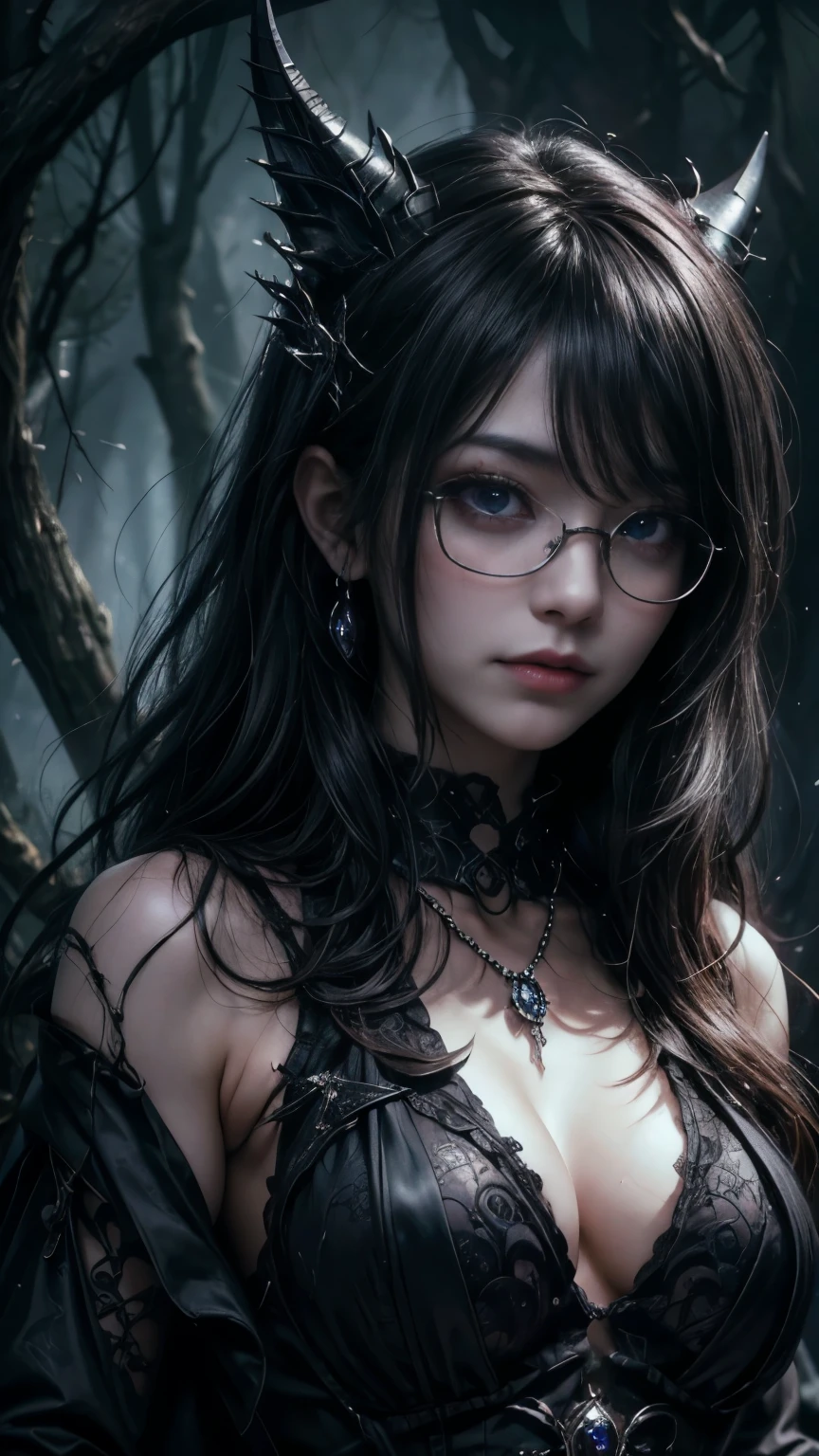 (Highest quality,4K,8K,High resolution,masterpiece:1.2),Very detailed,(Realistic,photoRealistic,photo-Realistic:1.37), Close-up of a woman with dark hair and wearing a black dress, Dark Eyes,an ominous笑顔,((((Glasses))))、((((big sapphire necklace))))、Evil Aura,Burning Flames,Soul Corruption,Dark Shadows,an ominous雰囲気,Strange symbols,Cursed Land,Eternal Darkness,Unforgettable are present,Intimidating person,Grotesque features,Horror Scene,twisted reality,Scary atmosphere,A wonderful work of art,Evil Unleashed,Supernatural horror,Spooky art,nightmare fuel,Terrifyingly clear,Abstract fear,Terrifyingly beautiful,masterpiece,Fear incarnate,Shadow Chaos,are present,to be born々Shii Darkness,in style of Dark Fantasy Art, Dark Fantasy Art, Beautiful and elegant queen of darkness, Dark Fantasy Art, Fantasy Dark Art, Dark fantasy digital art, Gothic fantasy art, Gothic Dark Maiden, Detailed Texture,Spooky creatures,an ominous雰囲気,Mythical,Space horror,darkness,mysterious,Dark aesthetic,Fog Background,Eyes of another world,Ancient Gods々々々々々, Powerful wizard, mysteriousStanding in the woods. A loose robe decorated with symbols, Arms stretched out, Powerful,Tentacles,Pitch black blackness,Majestic,Unfathomable depth,nightmare,The are present of the universe,an ominousare present,seeping darknesss,Secrets of the Universe, (Spooky atmosphere), (((Dramatic Shadows), (Dynamic pose), ((Artistically expressed)), ((charm), (Gothic), (mysterious Setting), (Moody color palette), (Skillfully drawn), (sense of unease), (Intricate details), (an ominous smile), (an ominous), (charm eyes), (Horror elements), (charm composition), (Impressive anatomy),(Striking contrast))), (Interesting character designs)、Dark Fantasy Portrait, Portrait of the Dark Goddess,