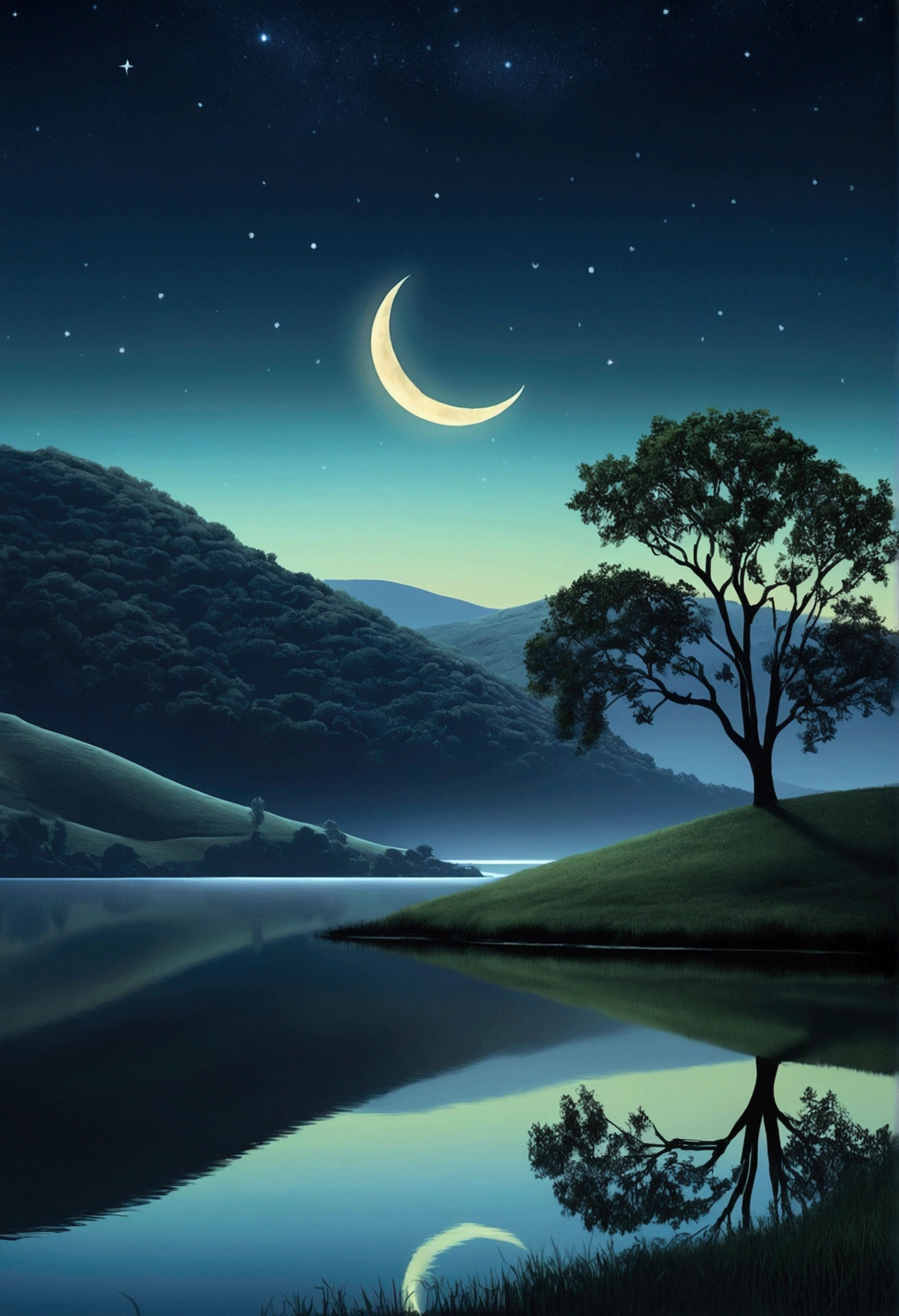 A serene, moonlit landscape, a crescent moon illuminating the tranquil scene, lush rolling hills in the distance, a lone tree silhouetted against the night sky, a reflective lake mirroring the celestial beauty, ethereal atmosphere, muted color palette, soft lighting, cinematic quality, digital painting