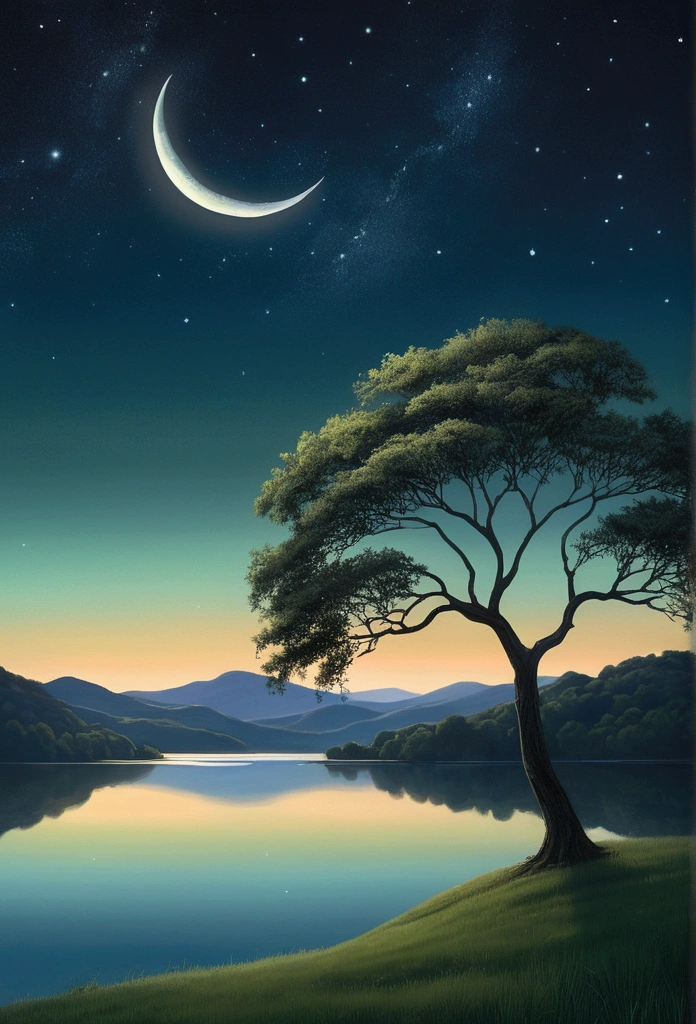 A serene, moonlit landscape, a crescent moon illuminating the tranquil scene, lush rolling hills in the distance, a lone tree silhouetted against the night sky, a reflective lake mirroring the celestial beauty, ethereal atmosphere, muted color palette, soft lighting, cinematic quality, digital painting