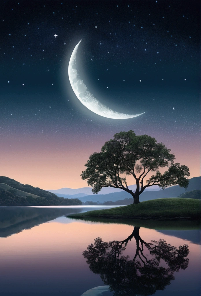 A serene, moonlit landscape, a crescent moon illuminating the tranquil scene, lush rolling hills in the distance, a lone tree silhouetted against the night sky, a reflective lake mirroring the celestial beauty, ethereal atmosphere, muted color palette, soft lighting, cinematic quality, digital painting