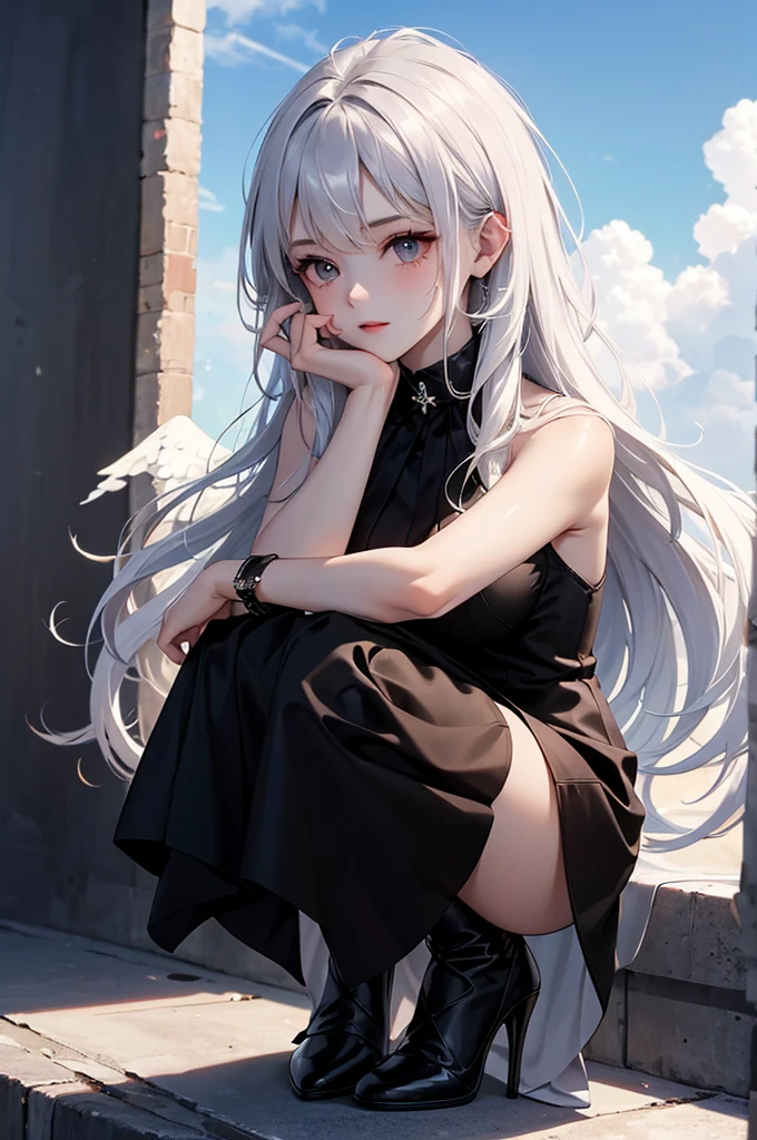 ((Highest quality)), ((masterpiece)), (detailed), One girl,Silver Hair,Long Hair,Dark Skin,Wearing a black sleeveless dress,Wear black high heels,Squatting pose on top of a chimney,Morning sky,cloud,fallen Angel,Look away