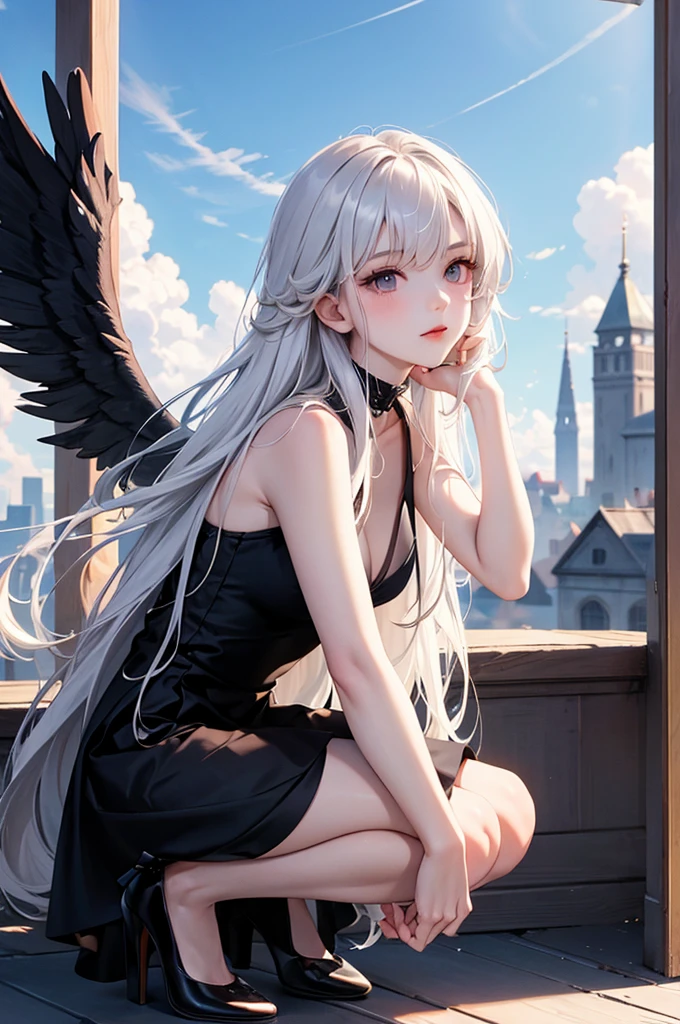 Flat lighting,elevation,sexy,A beautiful woman with supple curves,((Highest quality)), ((masterpiece)), (detailed), One girl,Silver Hair,Long Hair，Dark Skin,Wearing a black sleeveless dress，Wear black high heels，Standing pose,Starry Sky，cloud，A girl with black wings on her back，Look away,In his right hand he holds a jet black long sword