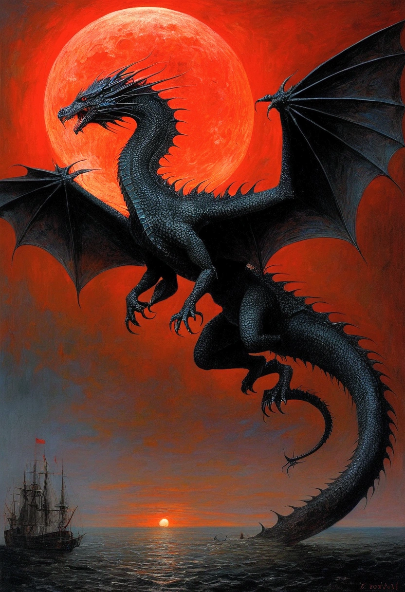 Mythical black dragon, author:Zdzislaw Beksiński、Big eyes、Red Moon